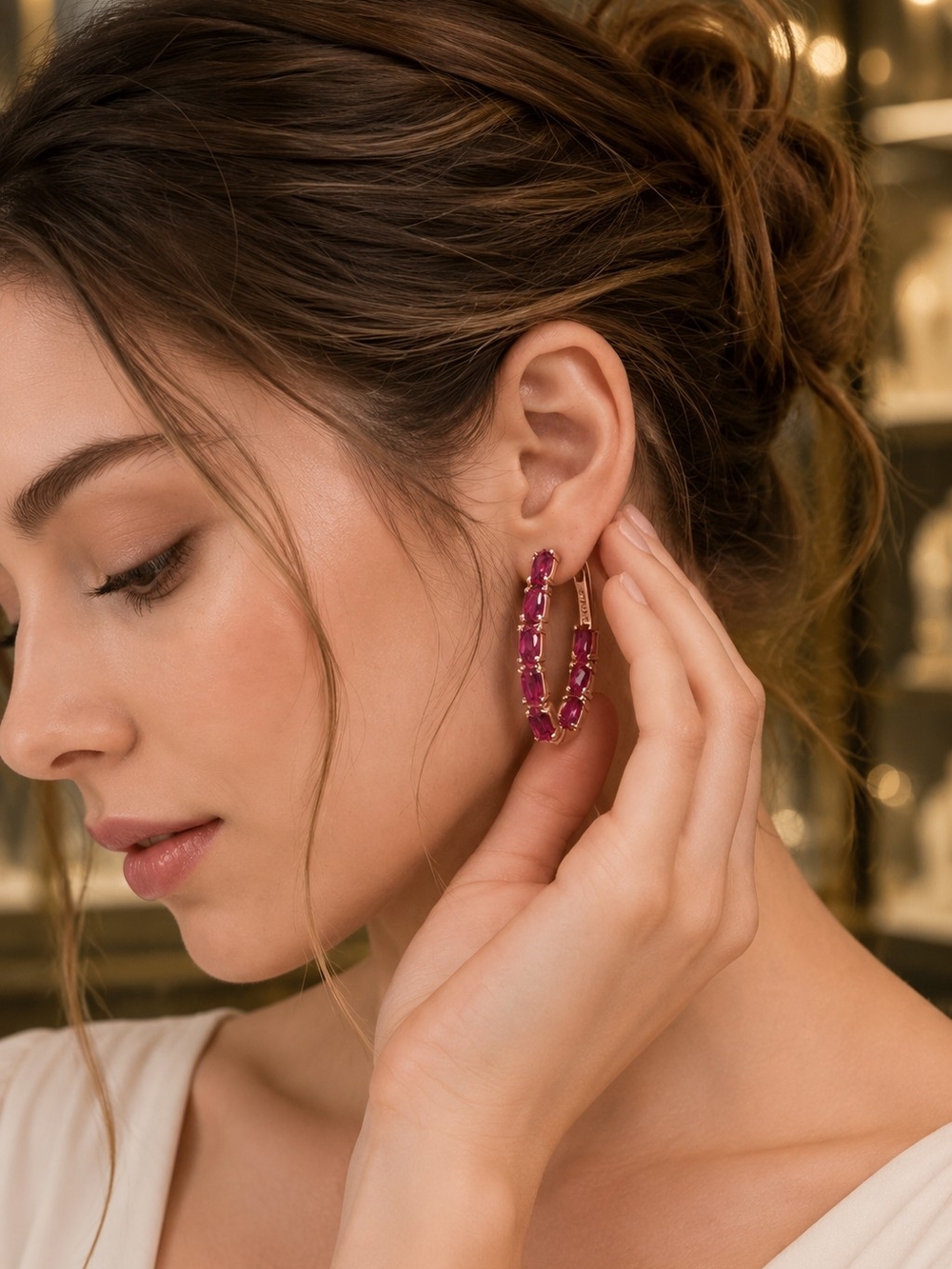 Rose Gold Plated Hoop Earrings with Red Zircon Stones - Picture 6 of 7